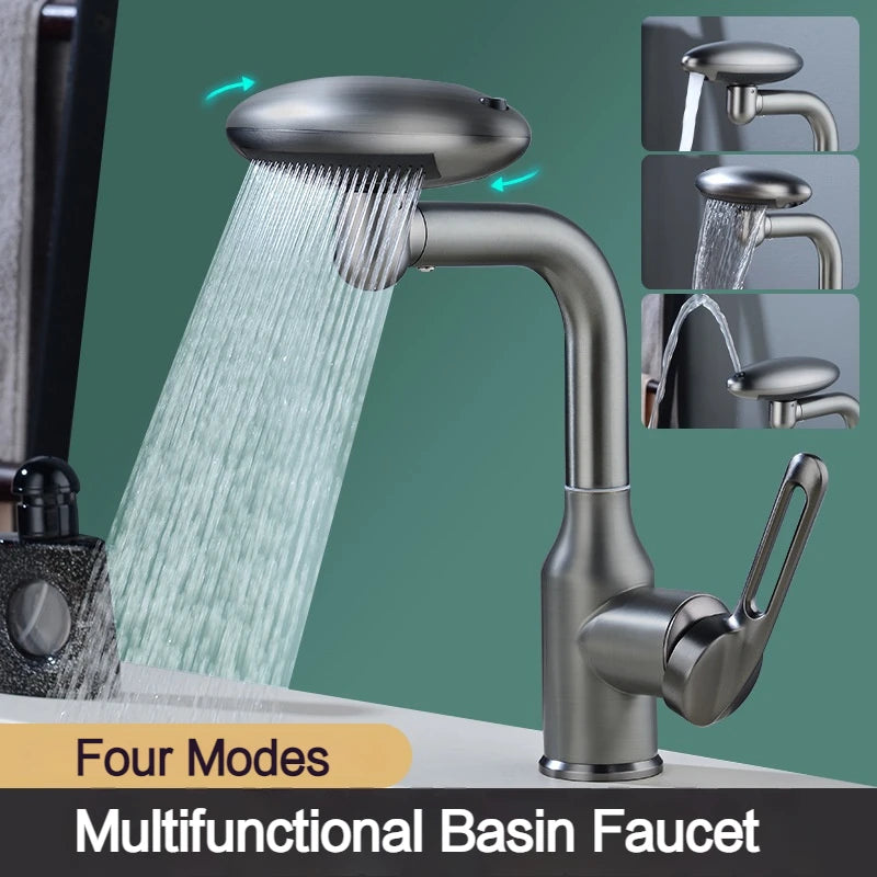 Multi Functional Waterfall Basin Faucet 4 Modes Stream Sprayer 360° Rotation Hot Cold Water Sink Mixer Wash Tap for Bathroom