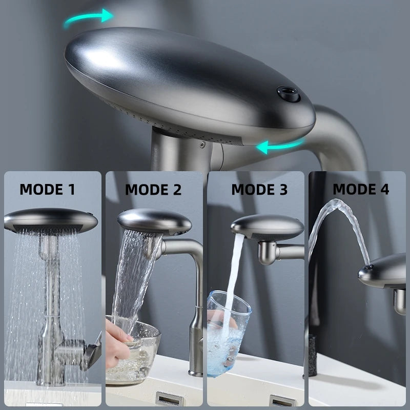 Multi Functional Waterfall Basin Faucet 4 Modes Stream Sprayer 360° Rotation Hot Cold Water Sink Mixer Wash Tap for Bathroom