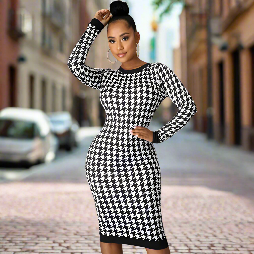 Elegant Houndstooth Bodycon Dress