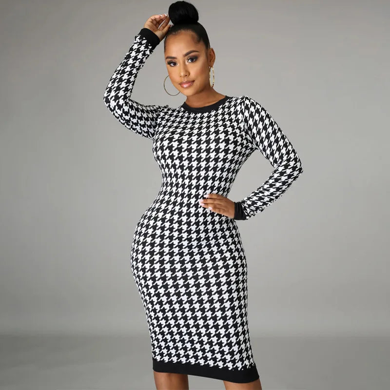 Elegant Houndstooth Bodycon Dress