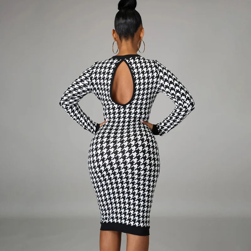 Elegant Houndstooth Bodycon Dress