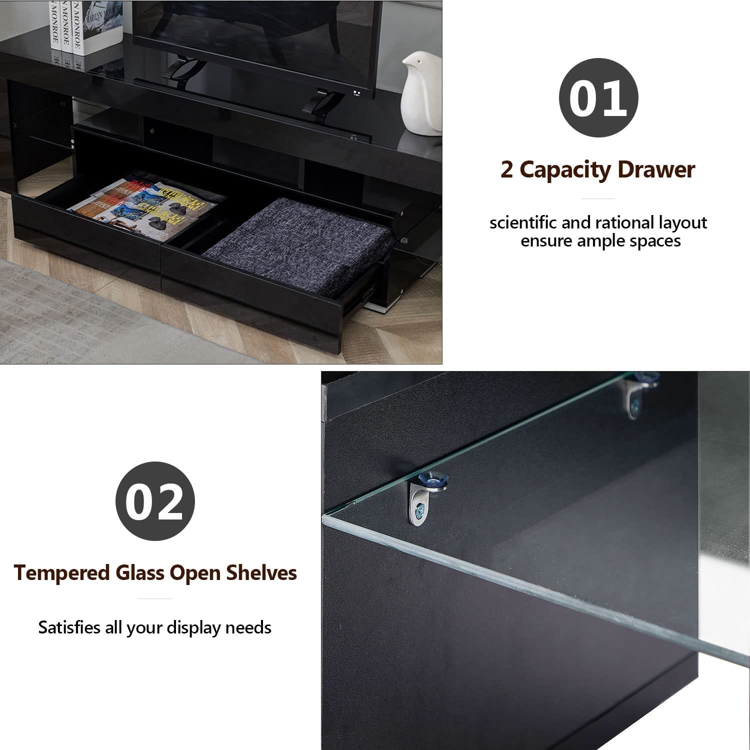 Glossy LED TV Stand for 65 70 Inch Tvs, Entertainment Center with LED Lights, Black TV Stand with 2 Large Storage Drawers, Media Console Table Television Stand Desk for Living Room