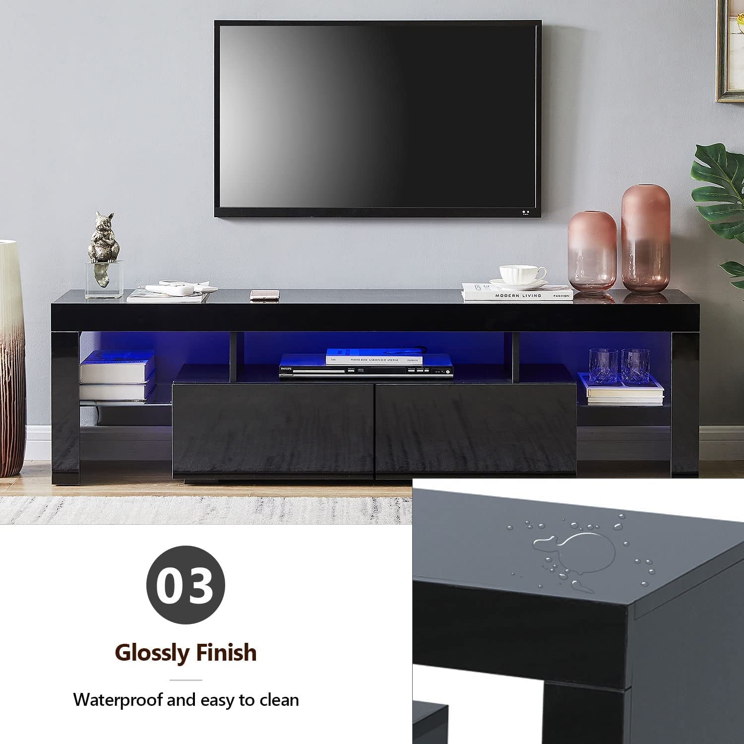 Glossy LED TV Stand for 65 70 Inch Tvs, Entertainment Center with LED Lights, Black TV Stand with 2 Large Storage Drawers, Media Console Table Television Stand Desk for Living Room